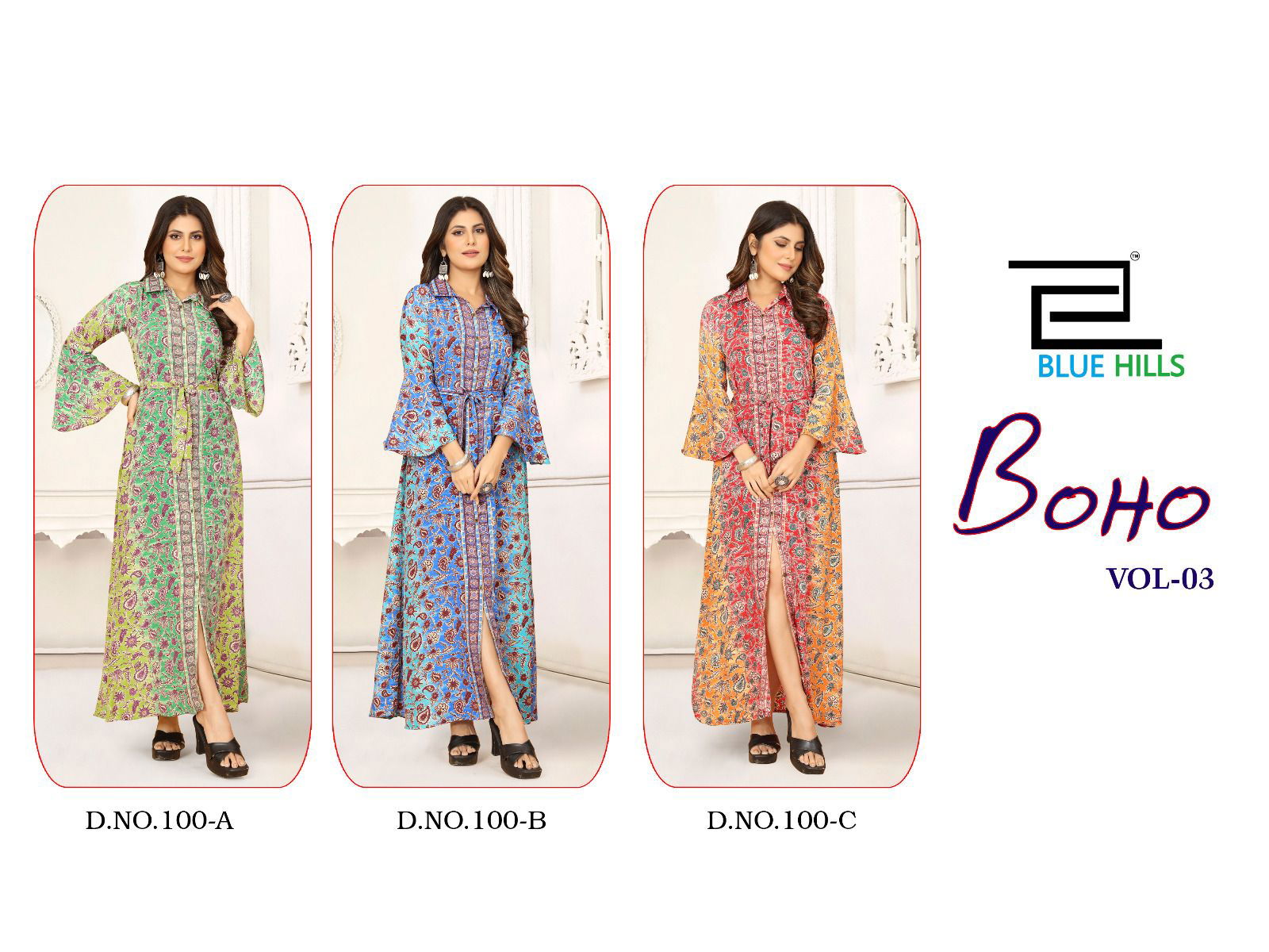 Blue Hills Boho Vol 3 French Crape Printed Party Wear Kurtis
